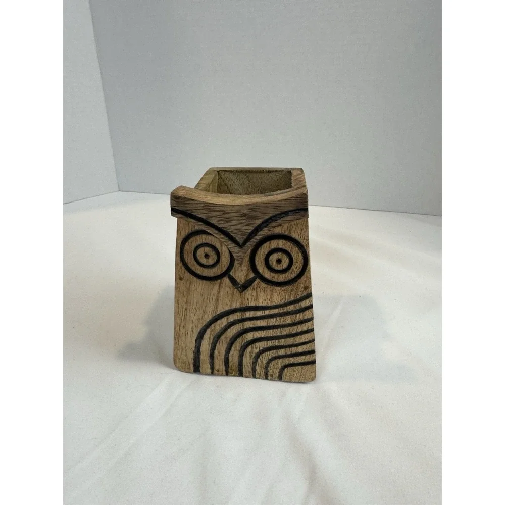 Wooden Owl Pencil Eyeglass Holder Desk Organizer  Wood MCM style World Market